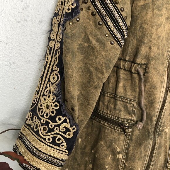 Free People Golden Quills Jacket Green Military Utility Fancy Large Parka - Picture 5 of 7